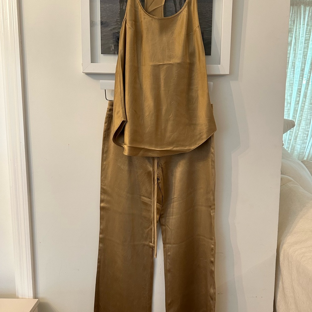 MICHELLE FARMER Tan Satin Pajama Set with Wide-Leg Pants